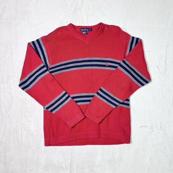Vintage Nautica Jeans Sweater Sz L Red Striped Skater Grunge 90s Y2K - Picture 1 of 8